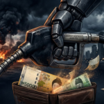 거대한 손에 붙잡힌 주유기와 지갑