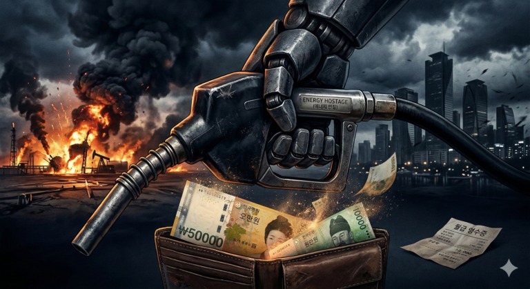 거대한 손에 붙잡힌 주유기와 지갑